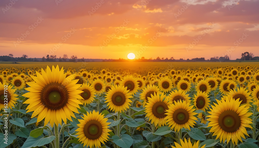 Fototapeta premium sunflower field at sunset with a golden sky and setting sun