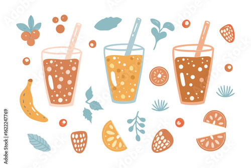 Colorful Smoothie and Fruit Assortment: A visually appealing arrangement of three vibrant smoothies, complemented by an array of fresh fruits, creating a healthy and refreshing composition.