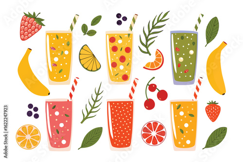 Vibrant Smoothie Array: An eye-level illustration showcases a collection of colorful smoothies and an assortment of fresh fruits.