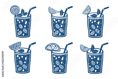Refreshing Mocktails Collection: An artistic assortment of hand-drawn mocktails, each meticulously detailed with a refreshing essence of citrus and vibrant garnishes, perfect for design