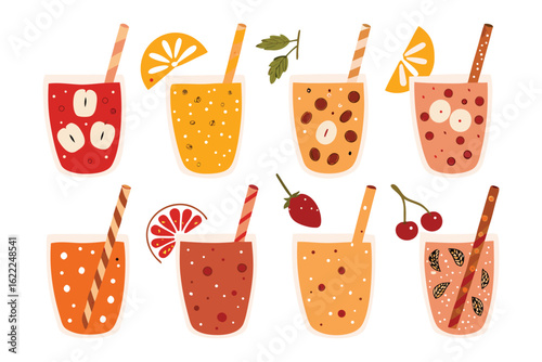 Colorful Smoothie Delight: A vibrant illustration showcasing an array of refreshing fruit smoothies, each bursting with natural flavors and artful garnishes.