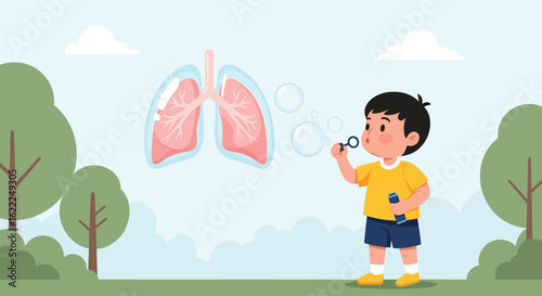 Young boy blows bubbles, illustrating healthy lungs in a park setting.