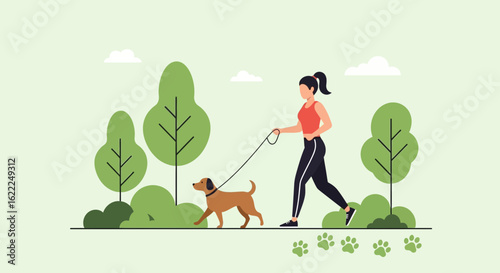 Active Woman Enjoys a Relaxing Morning Walk With Her Loyal Dog in the Park
