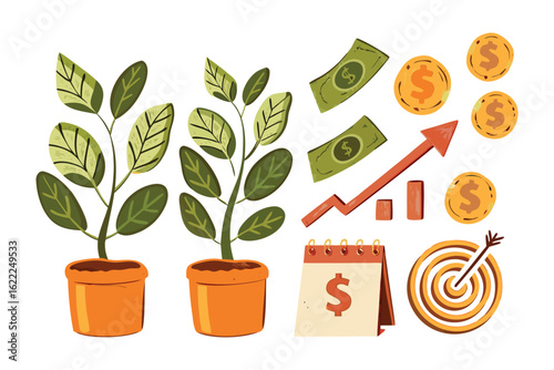 Growing Wealth: A conceptual illustration showcasing the growth of money as plants, symbolizing financial progress, investment, and prosperity. 