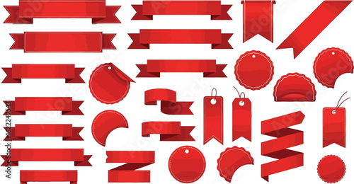 Vector art of collection of red ribbons, stickers, and tags for decoration 