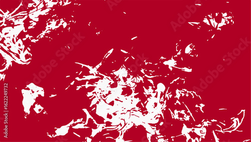 Abstract  bold red and white high-contrast pattern. Aggressive paint splatters or expressive ink blots dispersed across the canvas. Motion, energy, and raw emotion, with jagged irregular white shapes 
