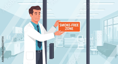 A doctor in a white lab coat hangs an orange 'Smoke-Free Zone' sign on the glass door of a hospital.
