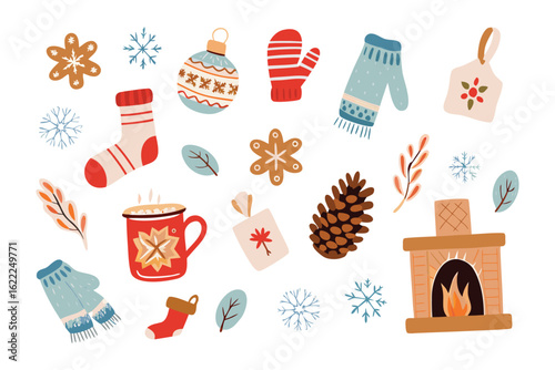 Winter Wonderland Collection: Festive array of hand-drawn holiday ornaments, snug mittens, cozy socks, steaming mug of warm beverage, snowflake, fireplace.