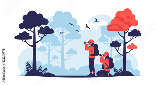 Adventurous Hikers Enjoying Birdwatching In The Serene Wilderness Landscape