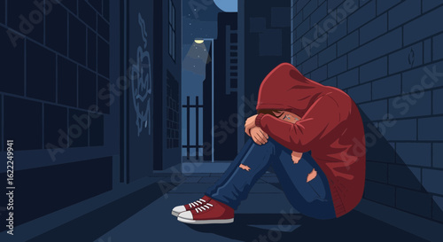 Alone Teenager Depressed In Alley, Lonely Sadness Street Urban Mood