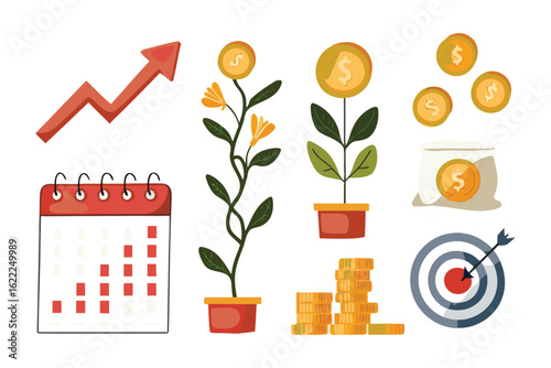 Financial Growth and Investment Icons: A graphic design composition with stylized coins, money plants, and an upward trend arrow, symbolizing the flourishing of wealth, financial success.
