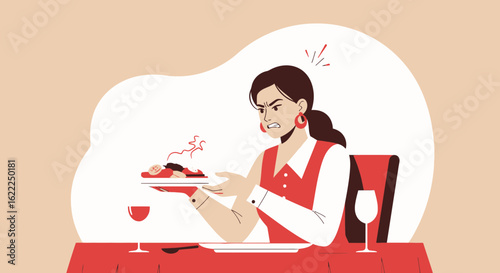 Angry Woman Complaining About Food In A Restaurant Vector Illustration