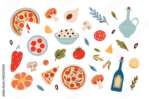 Culinary Collage: An overhead view of vibrant food items and ingredients, meticulously arranged in a visually appealing flat lay. The assortment includes pizza, vegetables and condiments.