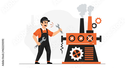 Annoyed Technician Confronting Malfunctioning Industrial Machinery Amid Factory Setting