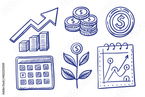 Financial Growth Doodle: A collection of financial elements sketched in a whimsical style, highlighting growth and economic concepts.