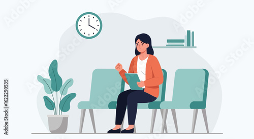 Anxious Woman Waits In Waiting Room For Doctor's Appointment