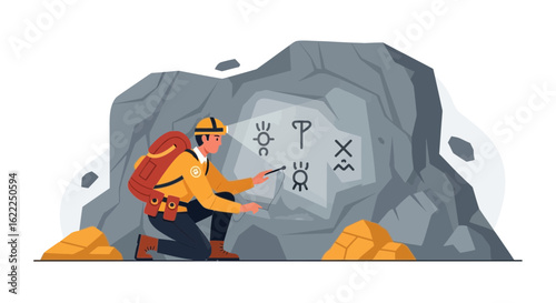 Archeologist Studying Ancient Petroglyphs At Cave Site With Tools And Light