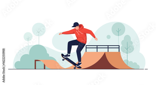 Athletic Skateboarder Performing Trick at Skatepark on Sunny Day Illustration