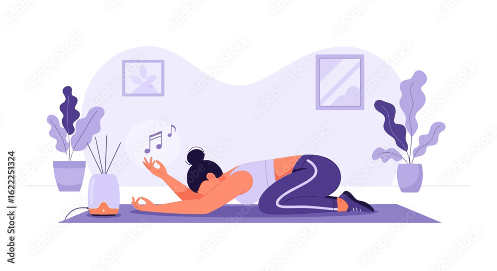 Obraz premium Balanced Lifestyle Woman Practicing Yoga with Aromatherapy And Peaceful Music
