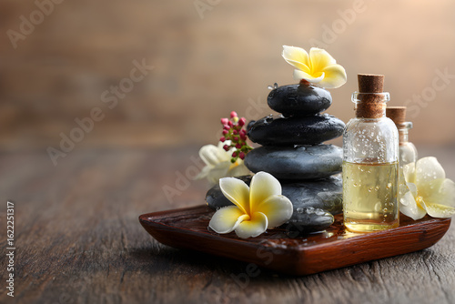 Serene Spa Therapy: Hot Stones, Essential Oils, and Frangipani on Wooden Tray