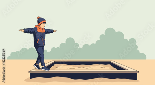 Balancing Act A Young Boy Walking On The Edge Of A Sandbox Playing