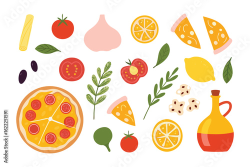 Pizza Ingredients: A colorful and appetizing assortment of pizza ingredients laid out in a delightful arrangement, perfect for culinary projects and food-related designs.