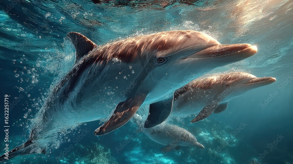 Fototapeta premium Underwater view of three playful dolphins gracefully swimming through the turquoise ocean water, capturing their elegance.