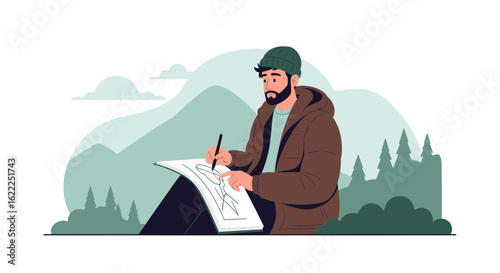 Bearded Artist Sketching Wilderness Landscape Outdoors In Nature Scene Vector