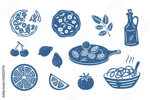 Culinary Collection: An assortment of appetizing culinary elements presented in a charming artistic style, ideal for evoking warmth and simplicity.