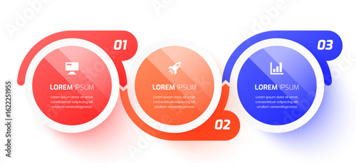 Business Infographic Template Design with Circle Label, Icon and 3 Number. Suitable for Process Diagram, Presentations, Workflow Layout, Banner, Flow Chart, Infographic.
