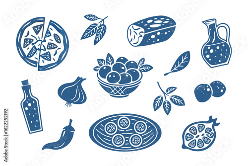 Gourmet Food elements in illustration: A collection of iconic gourmet food elements is displayed with clean design style, celebrating the vibrant flavors and enticing aesthetics of culinary art. 