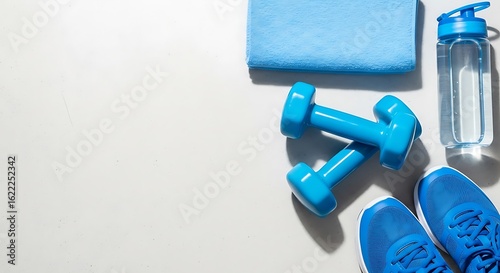 Bright blue fitness gear including dumbbells water bottle and athletic shoes