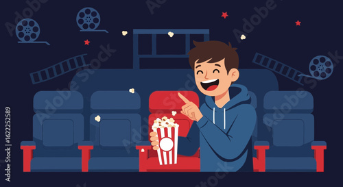 Boy Enjoying Movie With Popcorn In A Theater Watching Films Cartoon Style