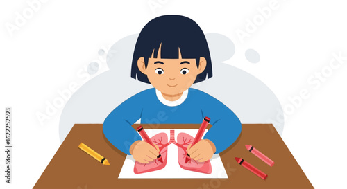 A young girl drawing lungs on paper, learning about anatomy.