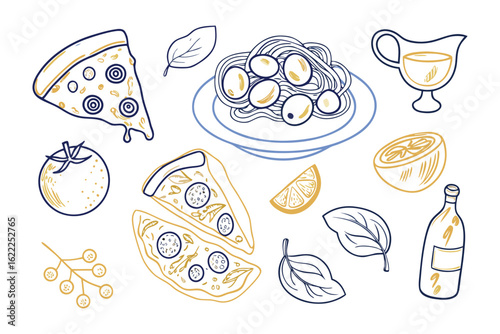 Gourmet Delight: A culinary feast, featuring artfully sketched pizza slices, pasta, olives, a tomato, lemon, basil leaves, and a bottle of olive oil, representing a taste of the Mediterranean.