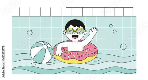 Boy Enjoying Sunny Day In The Pool With Donut Float And Beach Ball