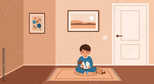 Boy Feeling Sad About A Broken Heart, Childhood Grief And Loneliness Concept