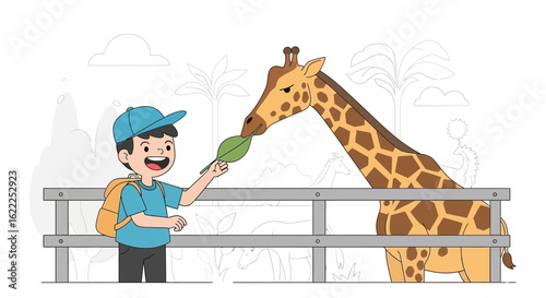 Boy Feeds A Green Leaf To Tall Giraffe At The Zoological Park