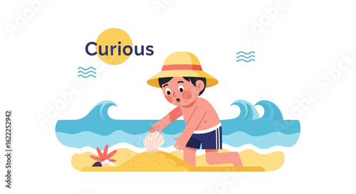 Boy Finds Seashell On Sandy Beach Vector Illustration Concept