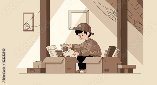 Boy Finds Memories Inside Boxes In Attic Illustration Style Nostalgia Memories