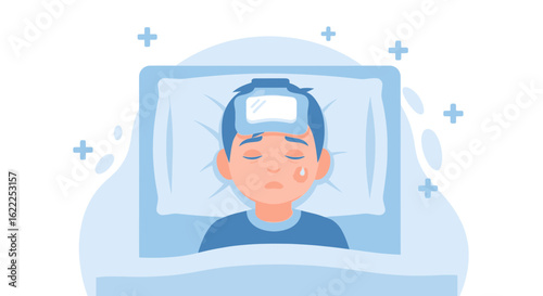 Boy In Bed Feeling Unwell With Fever Reduces Temperature Illustration