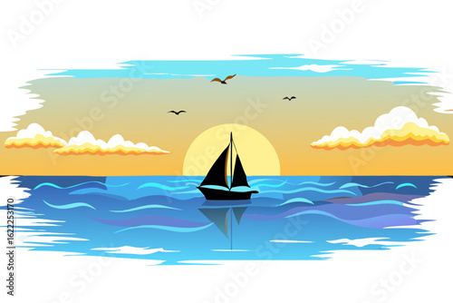 Sailboat sunset ocean sea sailing boat clouds birds water horizon landscape art
