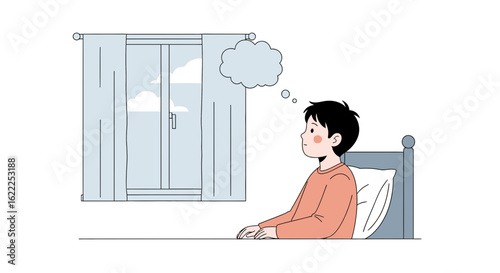 Boy In Bedroom Contemplating Future Dreaming About Ideas And Imagining Happiness