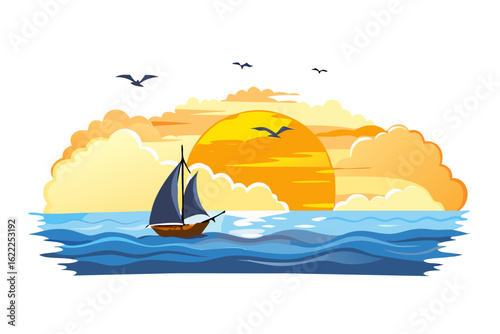 Sailboat sunset sea ocean clouds birds sailing seascape nautical vector graphic
