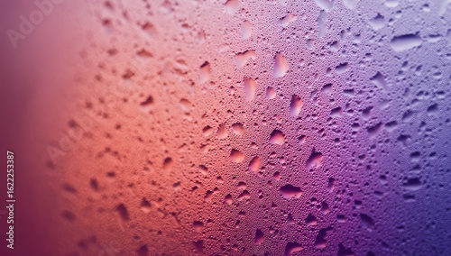 Close-up view of water droplets on a cool surface, transitioning from reddish-pink to violet-purple