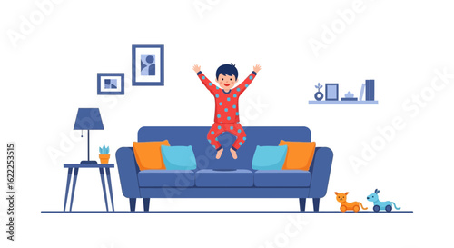 Boy Jumping On Couch During Playtime At Home In Living Room Vector