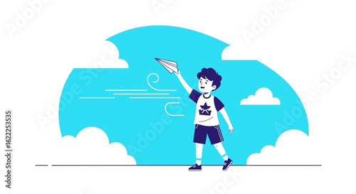 Boy Launches a Paper Airplane Into a Blue Sky Representing Freedom And Imagination