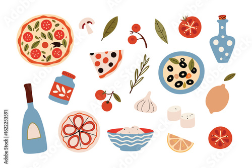 Italian Culinary Delights: A vibrant assortment of Italian cuisine essentials, showcasing a mouthwatering pizza, assorted ingredients and flavor components.