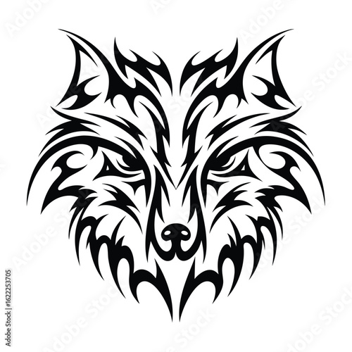 Bold black tribal wolf face stares intently ahead, creating an impressive symbol