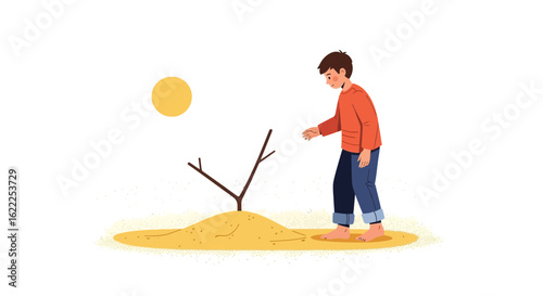 Boy Looks Sadly At A Barren Tree In The Midst Of Climate Change